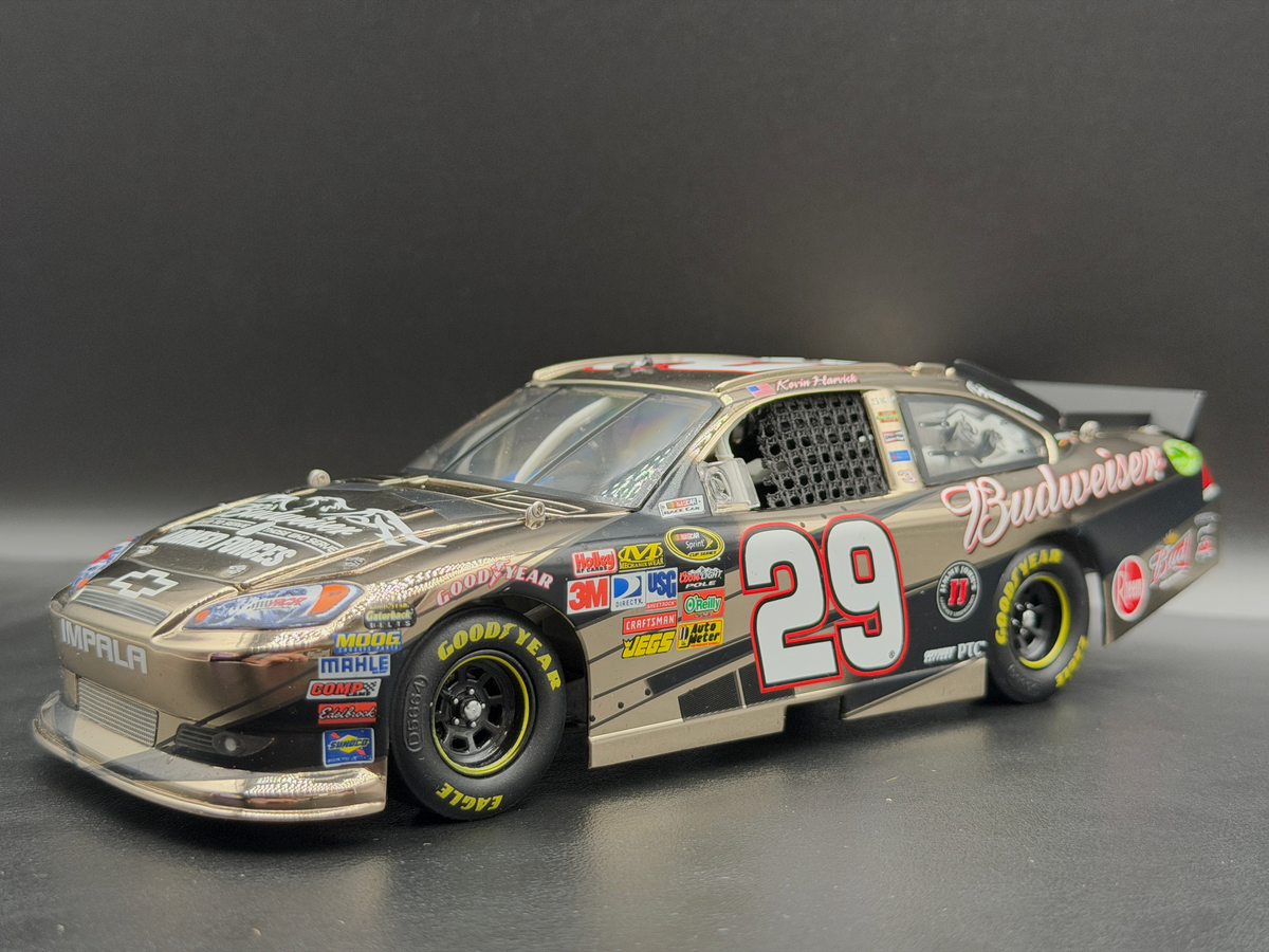 Kevin Harvick #29 Budweiser Military Tribute 2011 Impala RCCA Elite White Gold 1:24, front three-quarter view