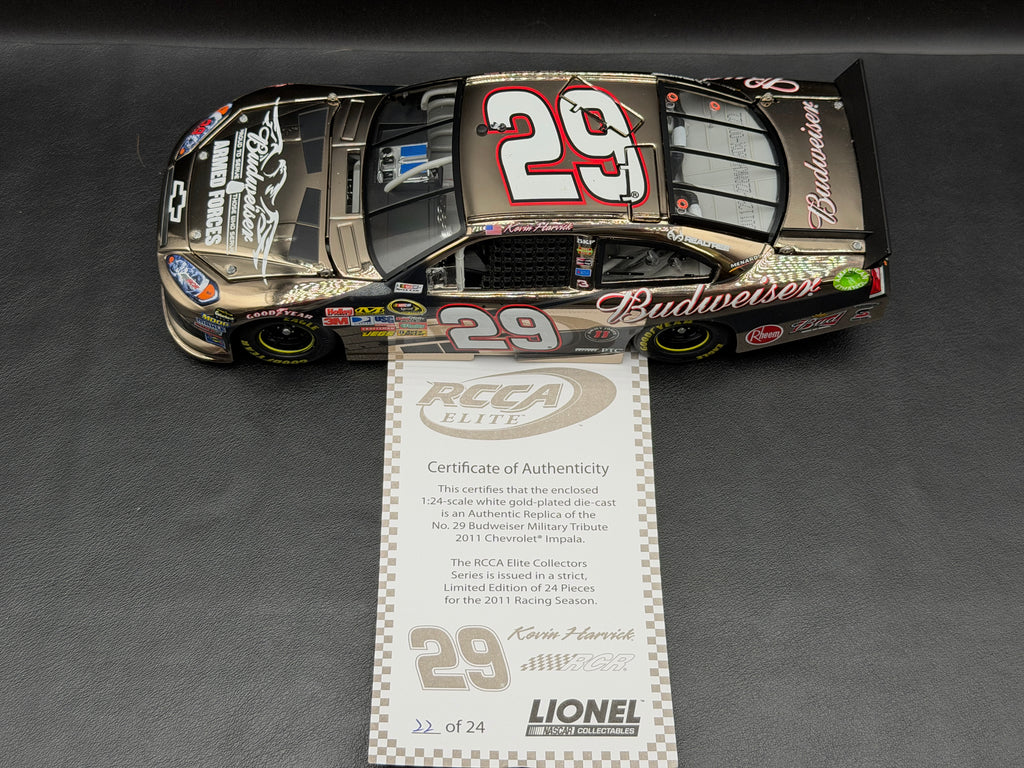 Kevin Harvick #29 Budweiser Military Tribute 2011 Impala RCCA Elite White Gold 1:24, car with numbered certificate of authenticity