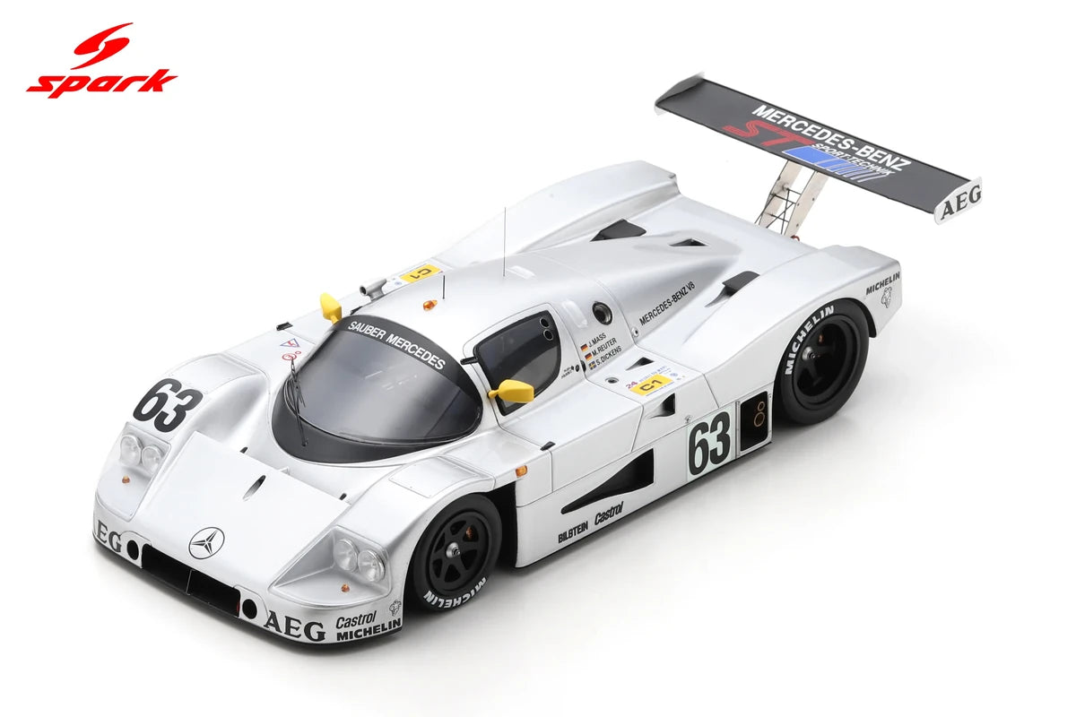 Sauber C9 #63, Le Mans 1989 winner, Spark 1:18 scale model, front three-quarter manufacturer photograph.