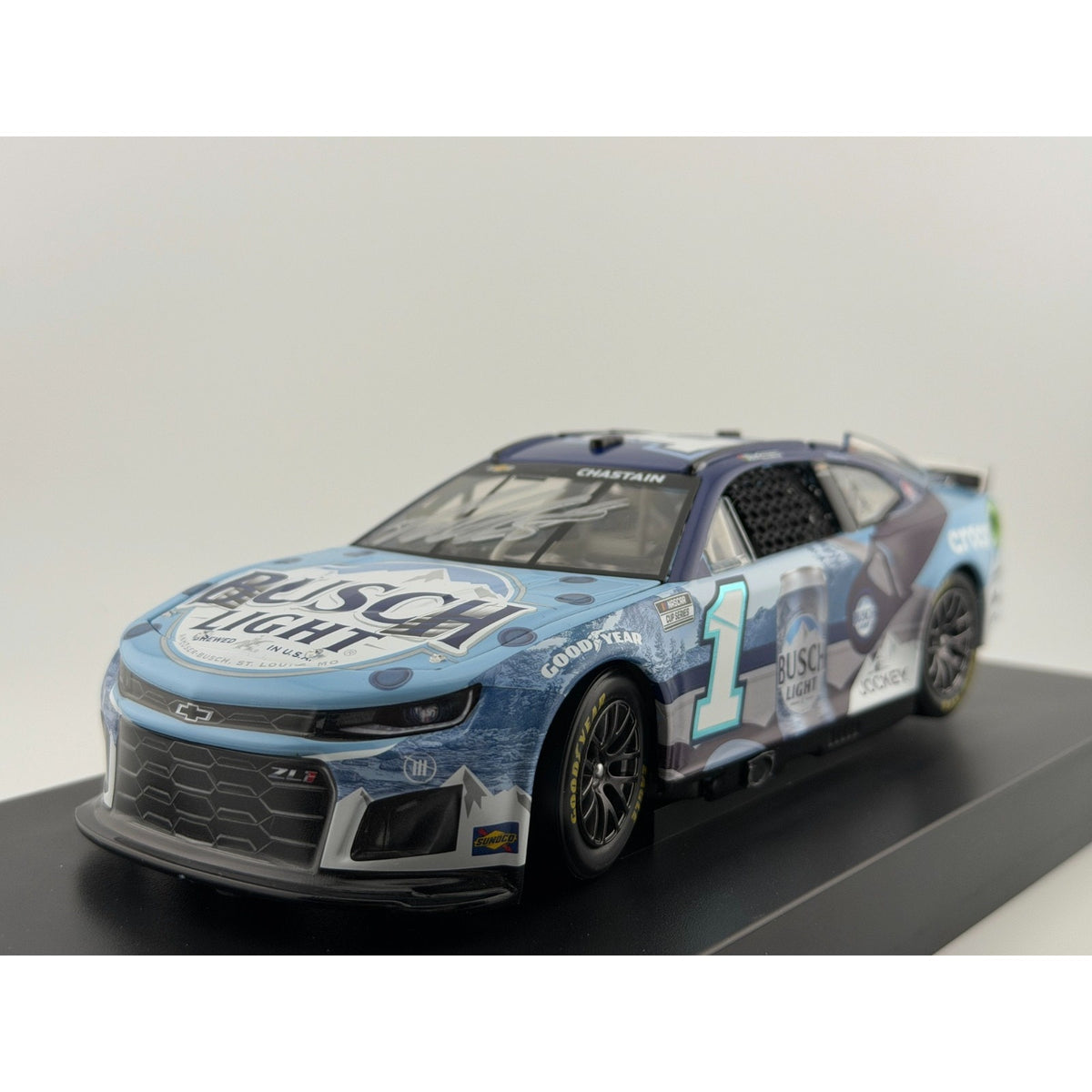 3/4 Front Hero — Ross Chastain #1 Busch Light Crocs 2024 Camaro Autographed 1/72 DIN 35