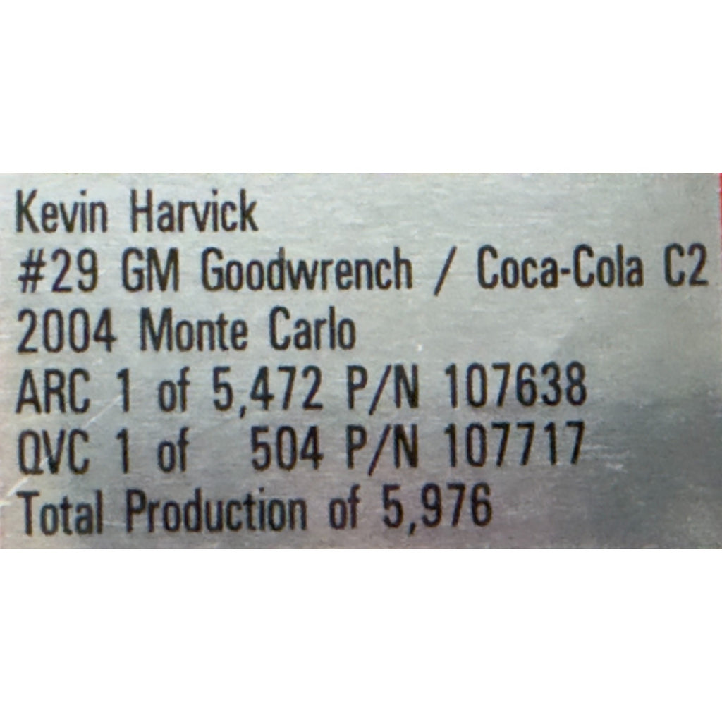 Kevin Harvick #29 GM Goodwrench Coca-Cola C2 2004 Monte Carlo Auto COA 1:24