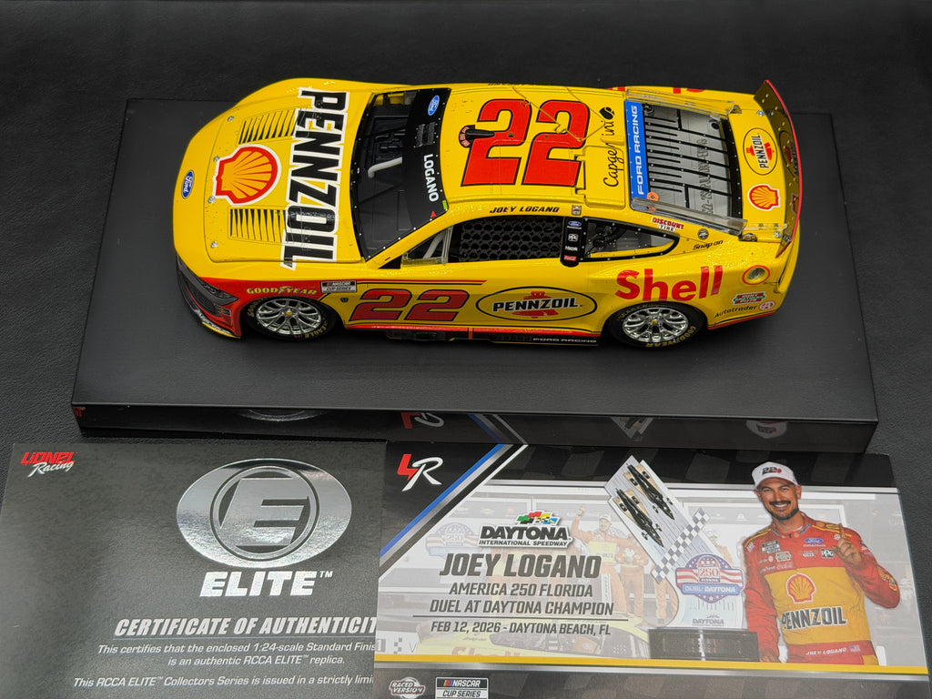 Joey Logano #22 Shell Pennzoil 2026 Duel at Daytona Win Lionel ELITE diecast, car with standard ELITE certificate and race winner card