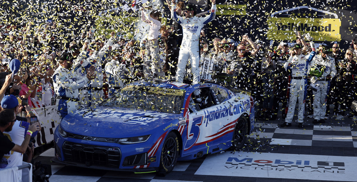 Kyle Larson #5 HendrickCars.com Talladega Raced Win 2026 Chevrolet ZL1 — actual victory-lane reference photograph, not finished diecast model