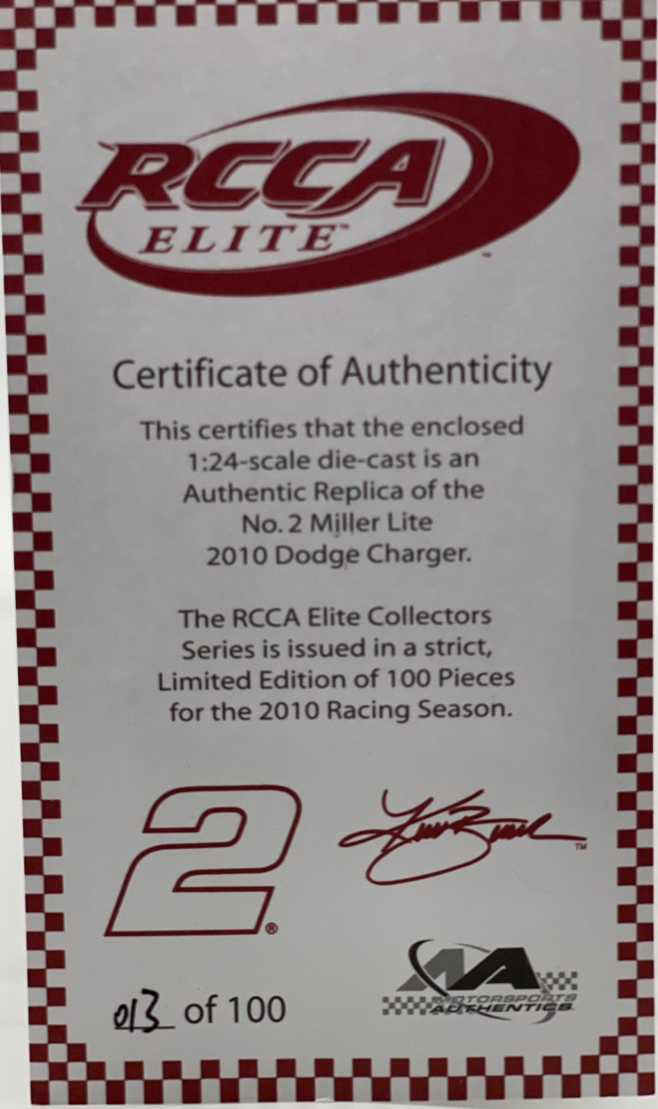 Kurt Busch #2 Miller Lite 2010 Charger ELITE 1:24 1/100 DIN 13