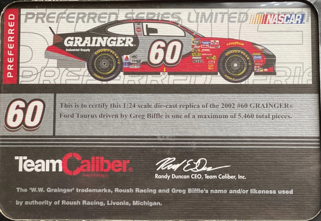 Greg Biffle #60 Grainger Team Caliber Preferred 2002 Taurus 1:24 NASCAR - original photograph 9
