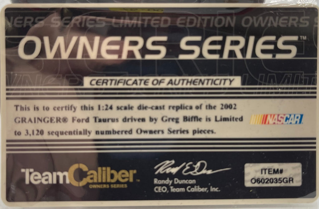 Greg Biffle #60 Grainger 2002 Taurus Autographed Team Caliber Owner Series