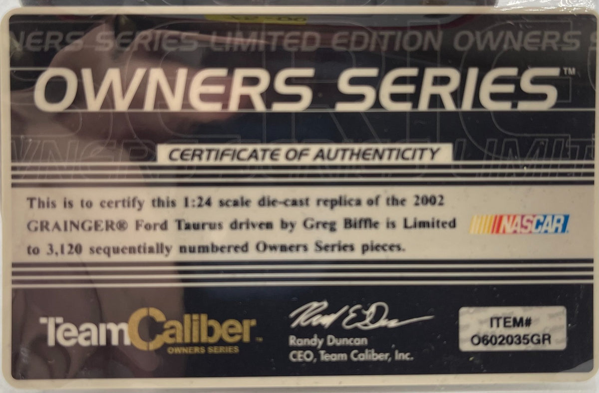 Greg Biffle #60 Grainger 2002 Taurus Autographed Team Caliber Owner Series
