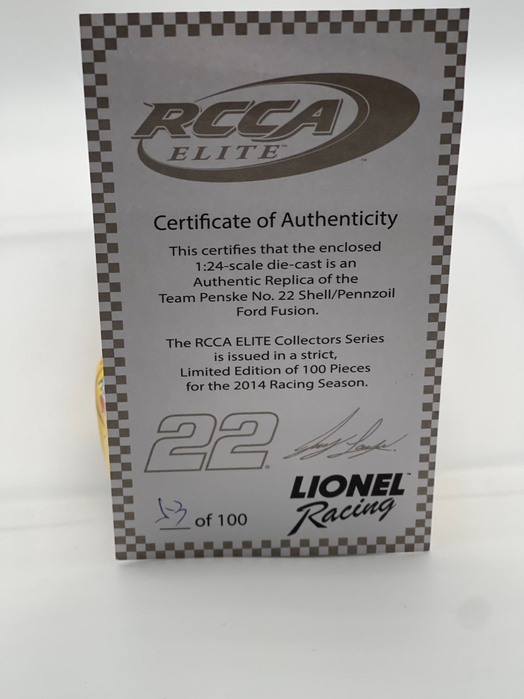 Joey Logano #22 Shell 2014 Fusion ELITE Auto 1:24 1/100 DIN 53 **READ**