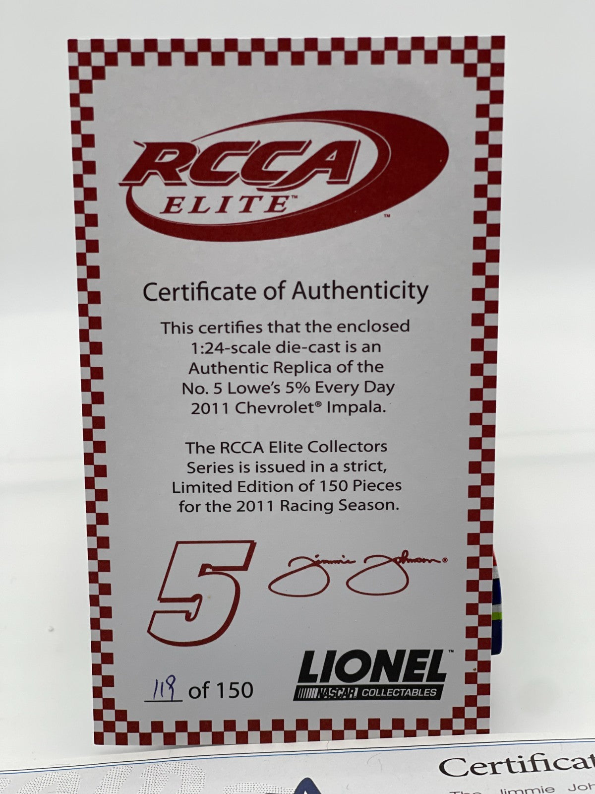 Jimmie Johnson #5 Lowe’s 2011 Impala ELITE Auto 1:24 1/150 DIN 119