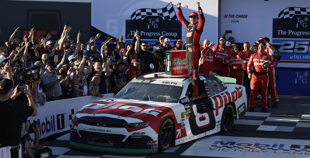 Sammy Smith #8 Pilot Talladega Raced Win 2026 Chevrolet — actual victory-lane reference photograph, not finished diecast model