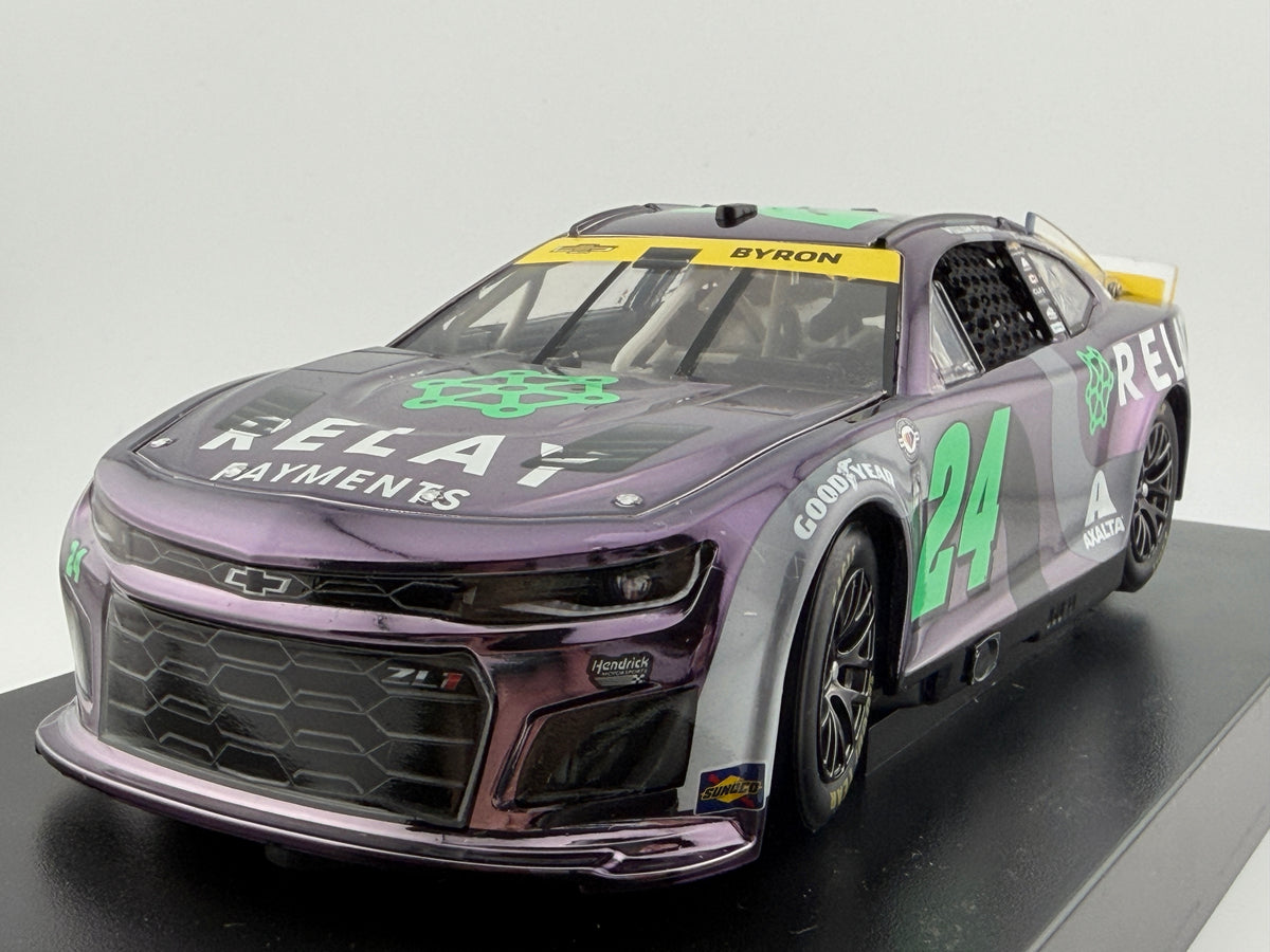 William Byron #24 Relay Payments 2023 Camaro ZL1 ELITE Color Chrome 1:24 1 of 24 DIN 16 - front 3/4 hero view